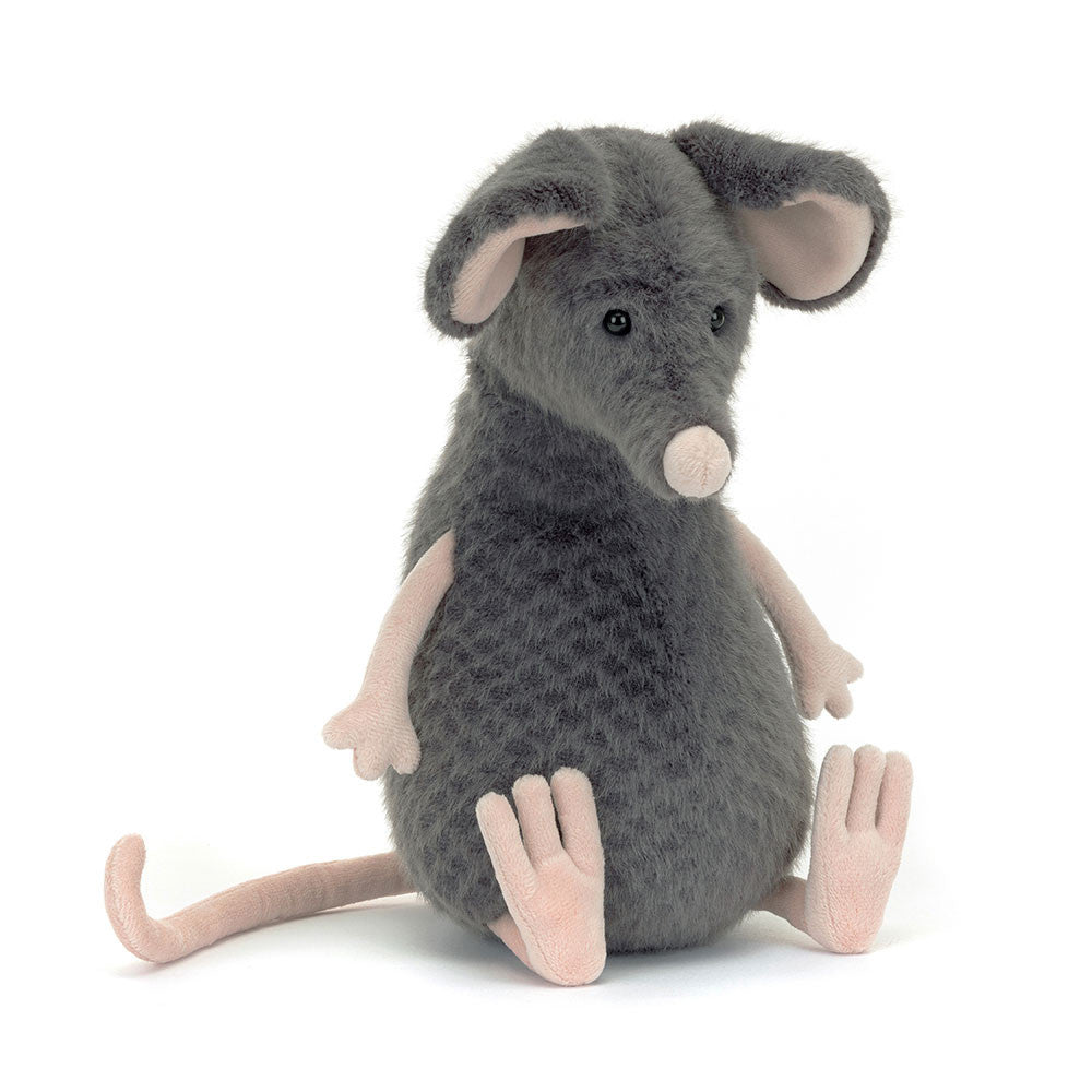 A plush toy representing a gray rat with blue-grey fur, round fold ears, and a bobble nose. It has waggly arms and a mighty tail, all in soft pink.