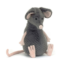 A plush toy representing a gray rat with blue-grey fur, round fold ears, and a bobble nose. It has waggly arms and a mighty tail, all in soft pink.