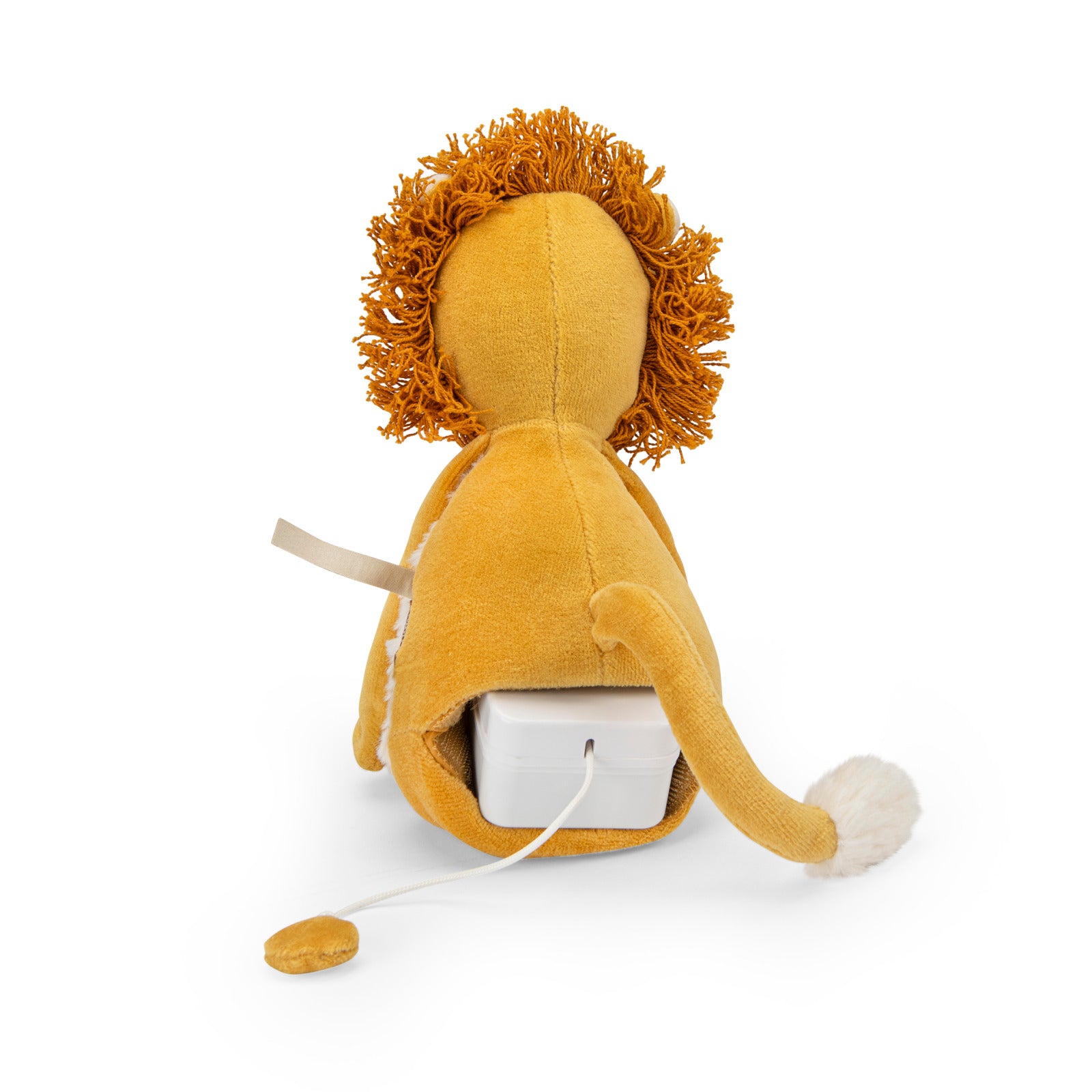 Soft toy resembling a lion with a music box compartment, on a white background