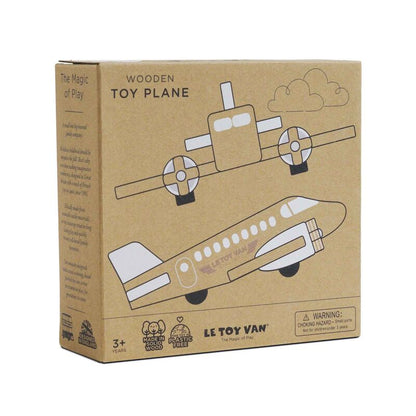 Box packaging of a wooden toy plane by Le Toy Van on a white background