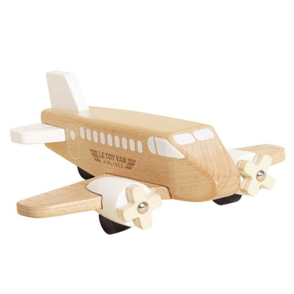 Wooden airplane model with propellers on a white background, featuring the Le Toy Van brand.