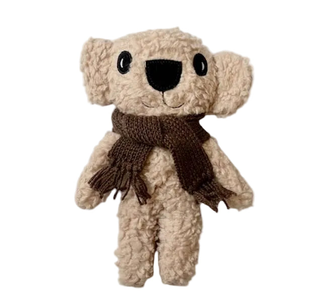 Plush teddy style koala with a brown scarf on a white background