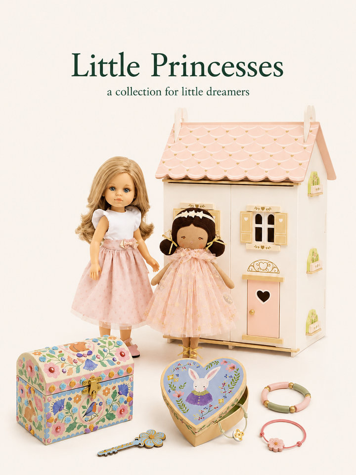 Two dolls with a dollhouse, jewelry box, and accessories on a white background with 'Little Princesses' text.