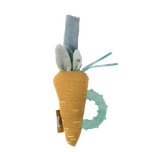 Carrot-shaped toy with a teething ring on a white background
