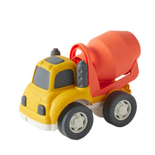 Toy cement mixer truck with a red mixing drum on a white background