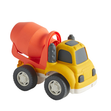 Toy cement mixer truck with orange drum and yellow body on a white background
