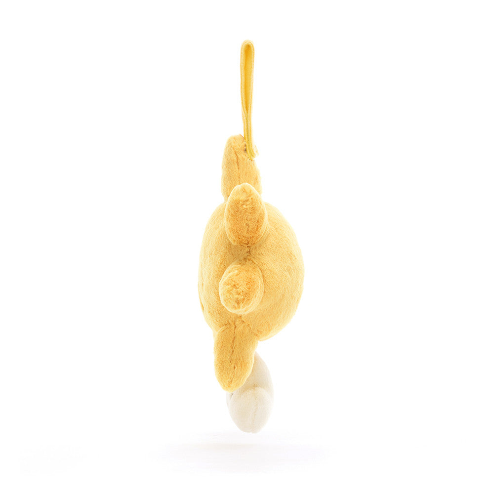 Dangling Yellow plush toy shaped like a sun on a white background