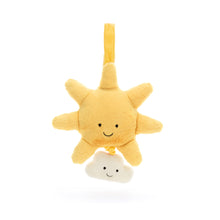 Plush sun-shaped toy with a smiling face on a white background