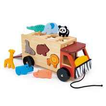 A wooden safari shape sorting truck toy with various animal shapes and figures on it, designed for toddlers.