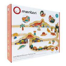 Packaging box of the Lost World Dinosaur Train Set featuring illustrations of dinosaurs, a train, and tropical scenery.