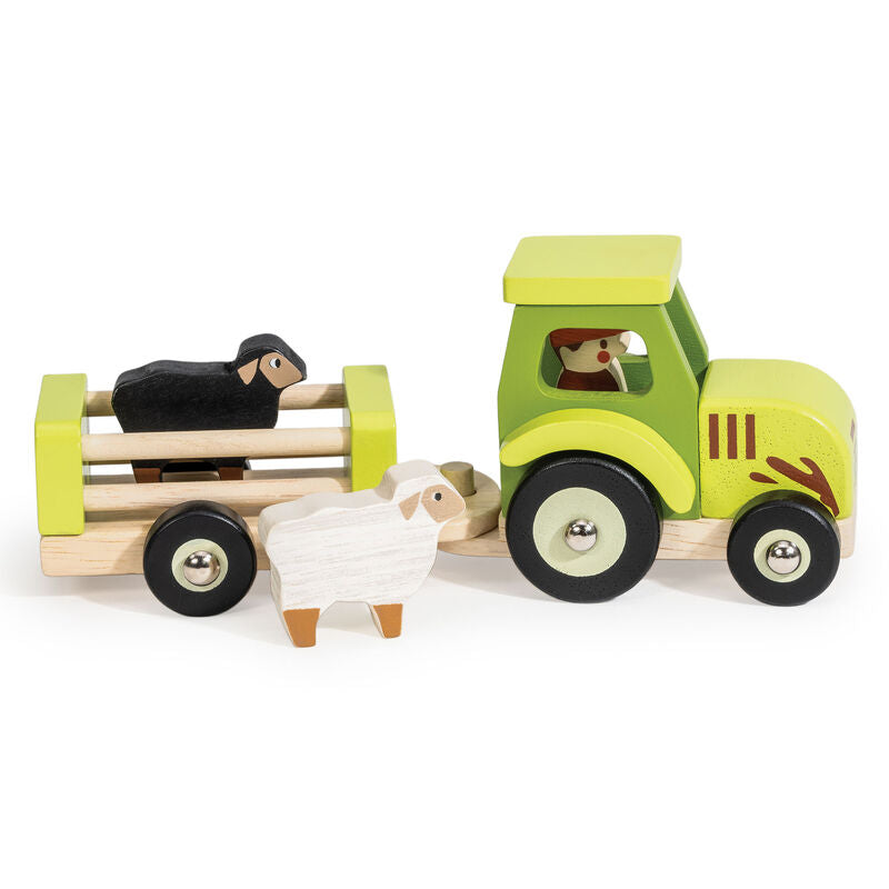 Wooden toy truck with sheep on a white background