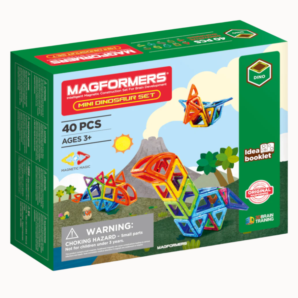 Green cardboard retail box with colorful illustration depicting Magformers mini dinosaur magnetic construction set