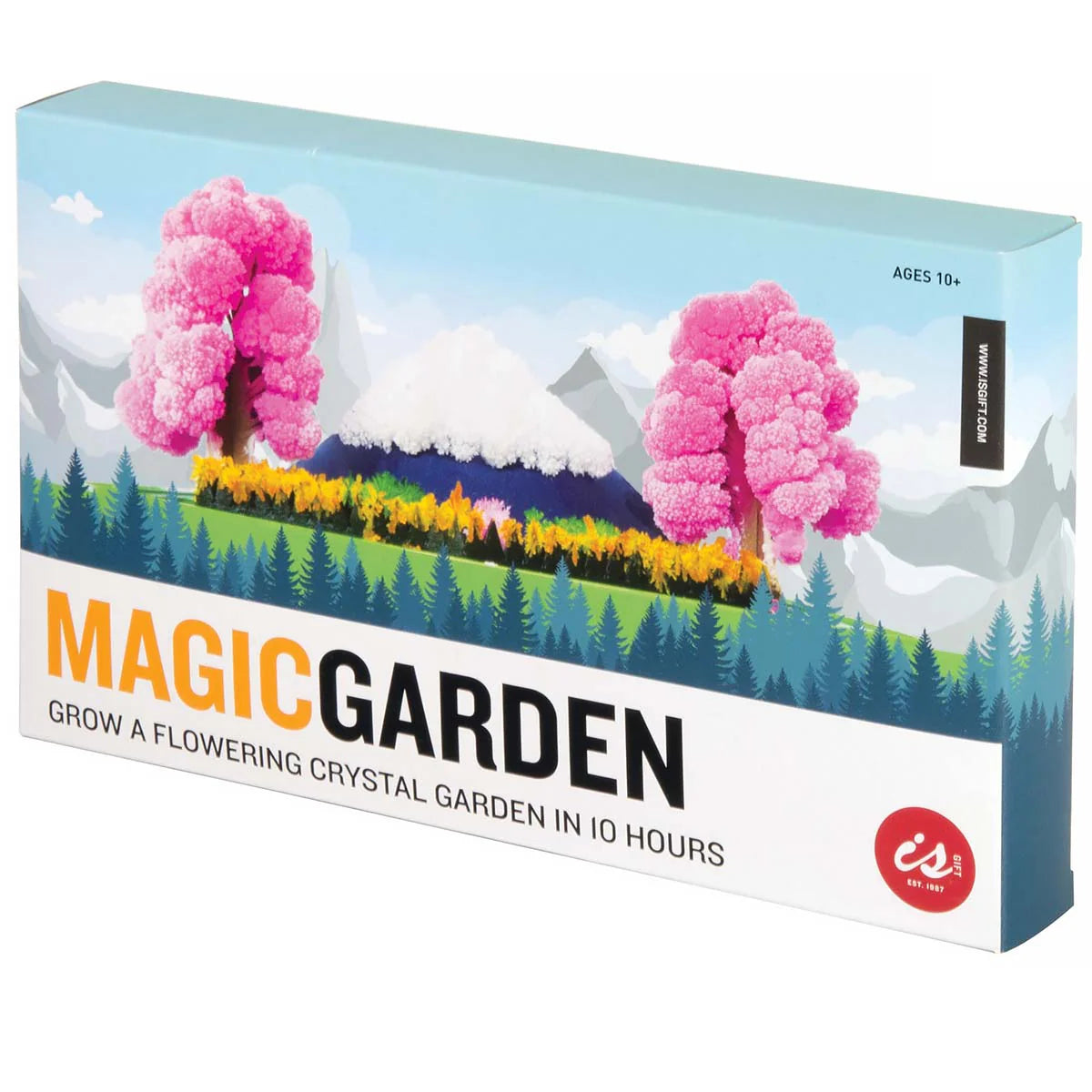 Box for a 'Magic Garden' product with pink trees and text on a white background