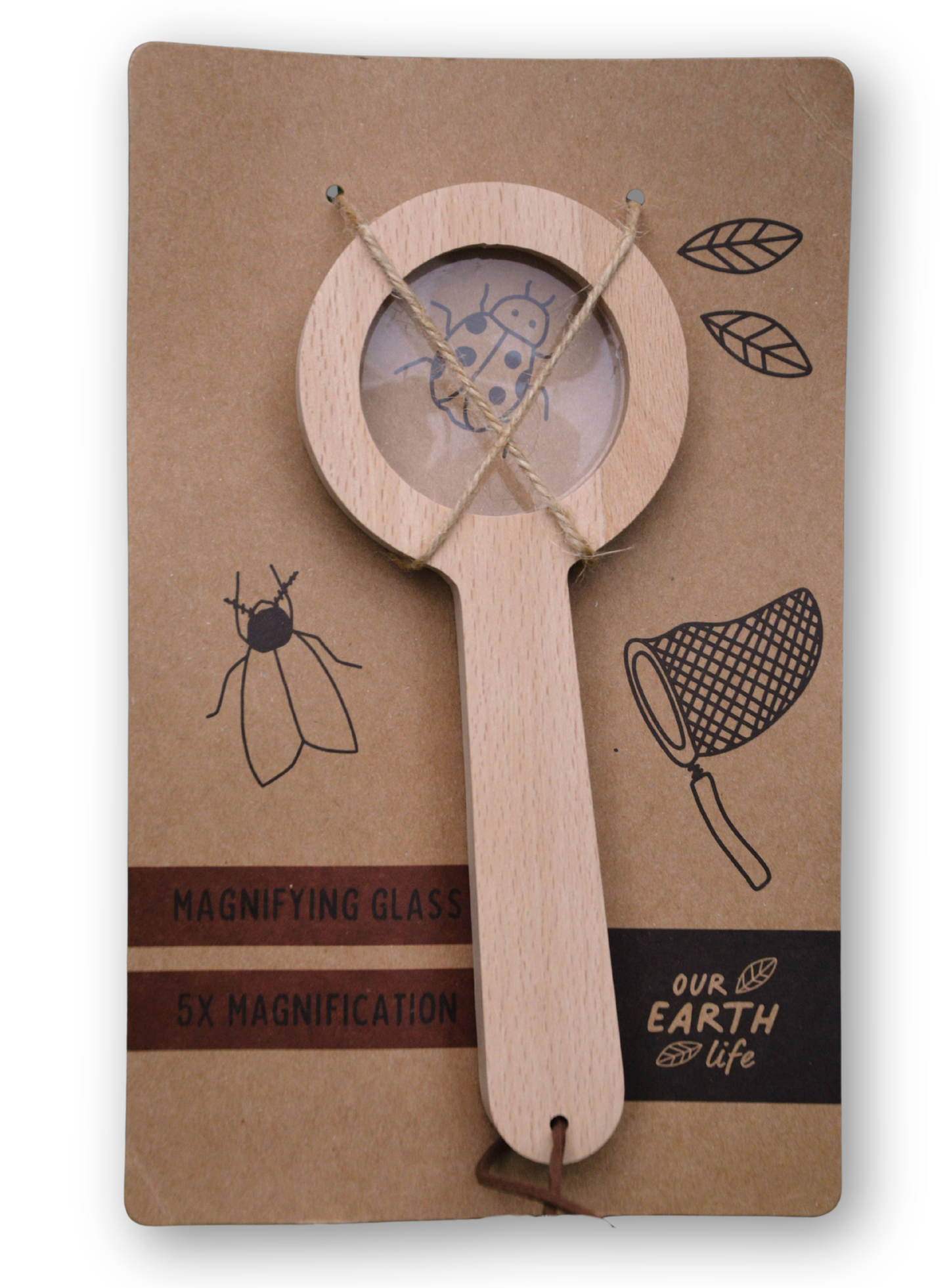 Wooden magnifying glass on a kraft paper background with illustrations and text.