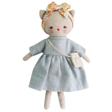 A small grey linen kitten doll with a floral headband and a cross-body bag.
