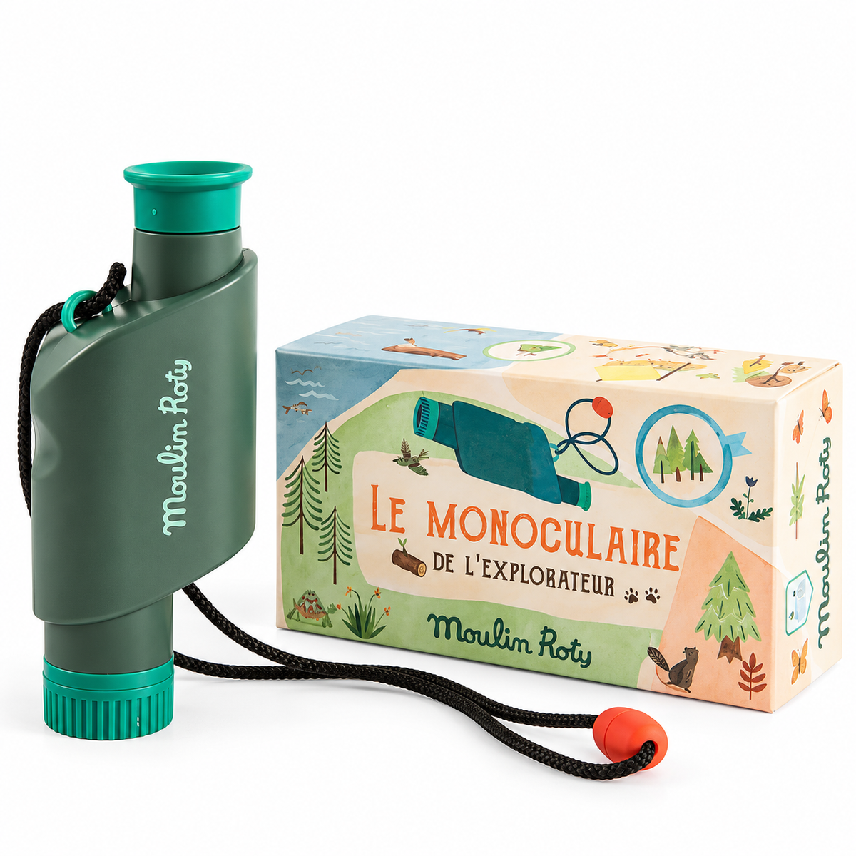 Green monocular and packaging with 'Moulin Roty' branding on a white background
