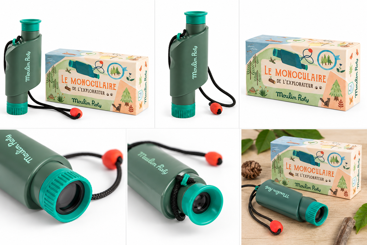 Assorted images of a Green monocular and packaging with 'Moulin Roty' branding on a white background