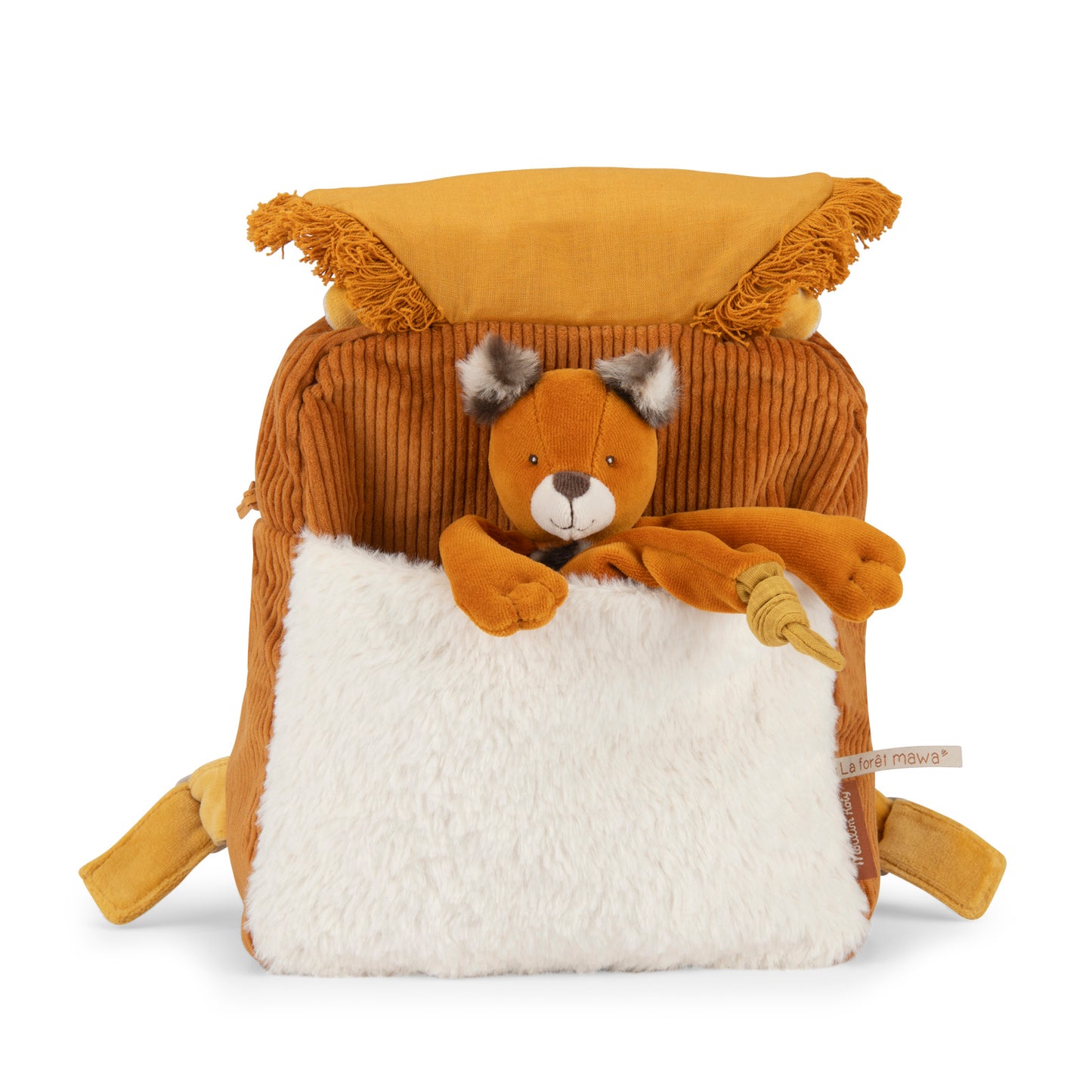 Plush toy bear with a backpack on a white background