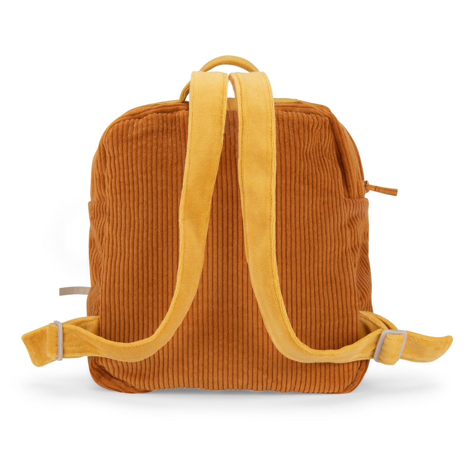 Brown corduroy backpack with yellow straps on a white background