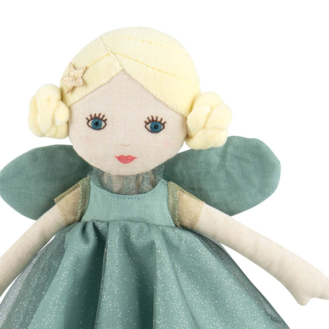 Fairy doll with blonde hair, blue eyes, and a green dress on a white background