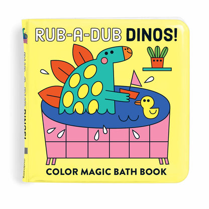 Color magic bath book titled 'Rub-A-Dub Dinos!' with a dinosaur illustration on a yellow background.