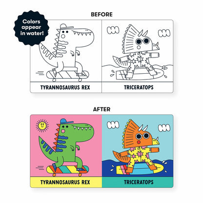 Coloring changing bath book page with dinosaur illustrations before and after coloring, featuring Tyrannosaurus Rex and Triceratops.