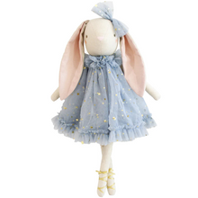 Stuffed bunny doll with a blue dress and pink ears on a white background