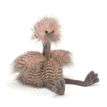 A plush toy resembling an ostrich with silky pink feathers and grey fluffy legs.