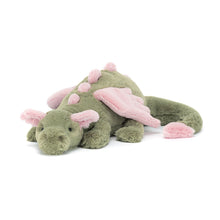 Jellycat green plush dragon toy with pink accents on a white background