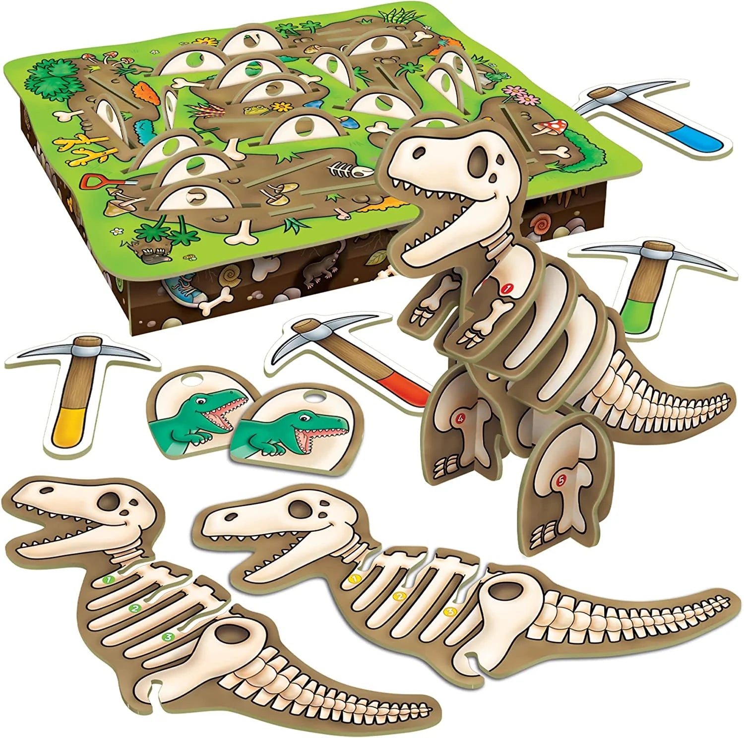 Dinosaur skeleton puzzle set with tools and game board on a white background