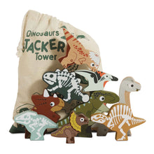 Assorted wooden dinosaur stacking toys with a cloth bag, against a white background.