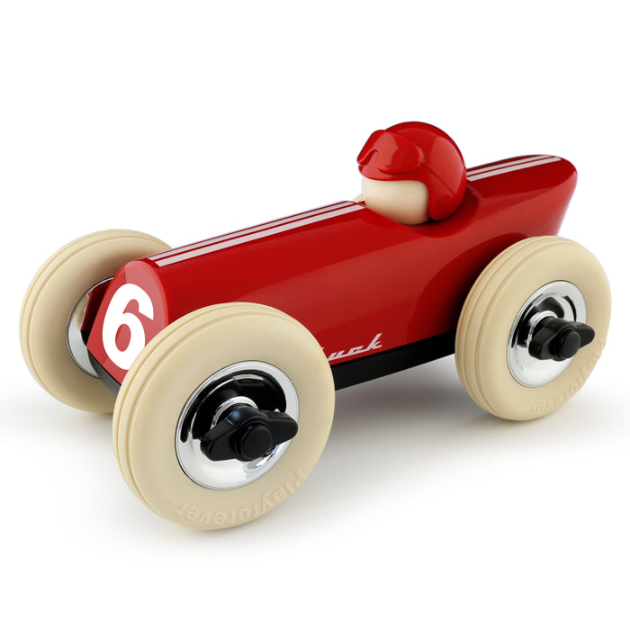Red toy race car with beige wheels on a white background