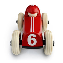 Red toy race car with number 6 on a white background