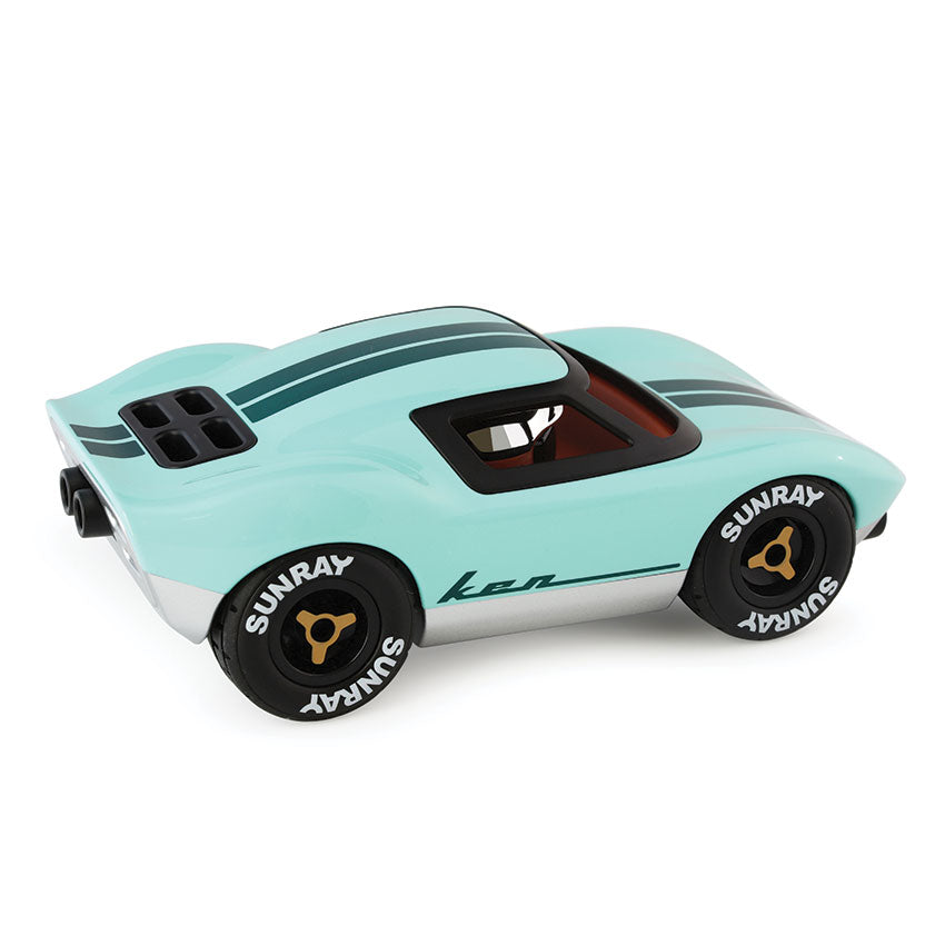 Light blue toy car with black stripes and 'Sunray' branding on a white background