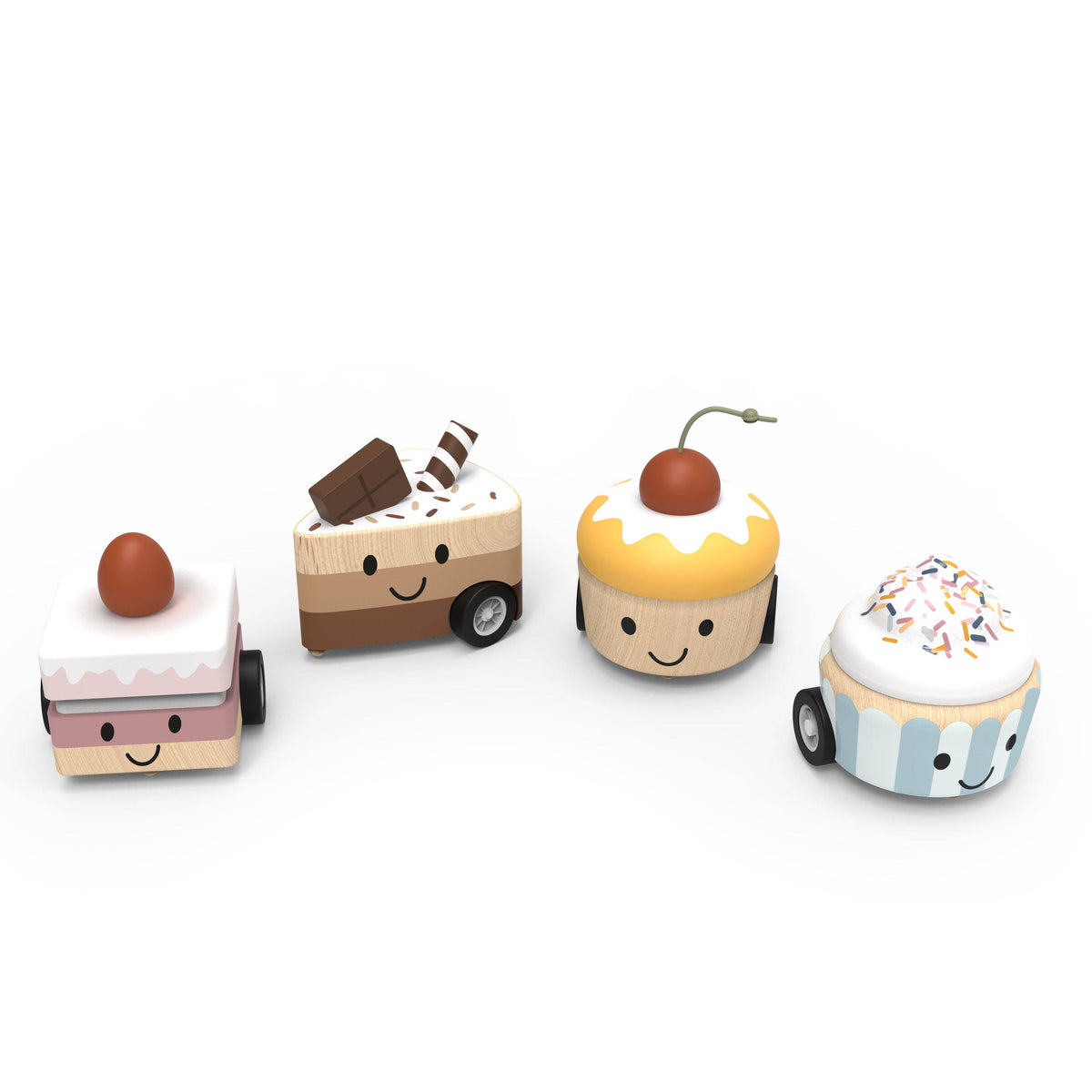 Set of toy cakes with faces on a white background