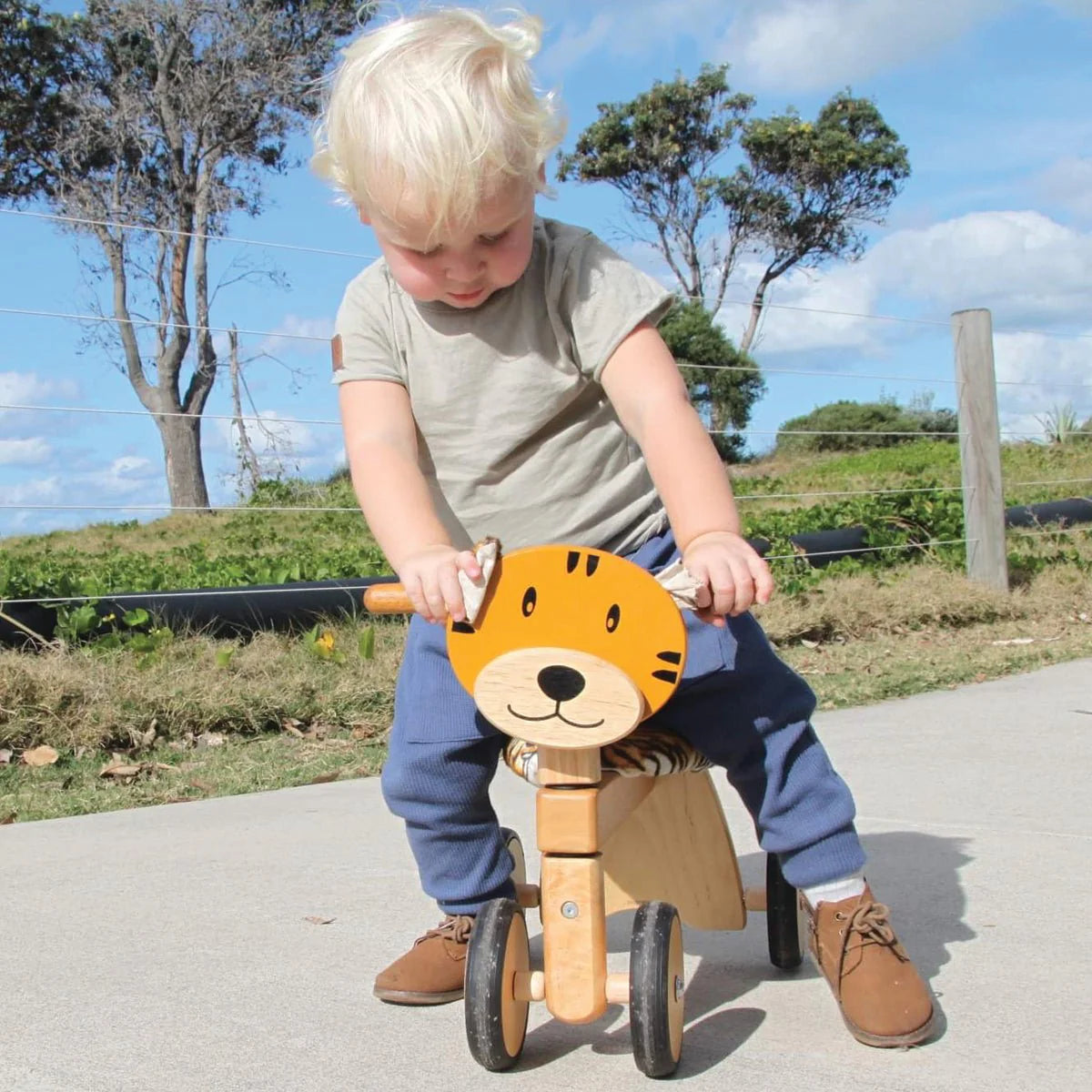 Young child riding cute wooden Tiger trike toy outdoors.