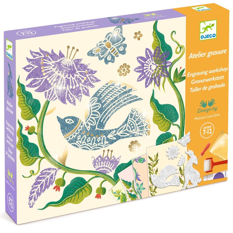 Box of a craft kit with bird and floral design, brand 'DJECO' visible