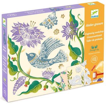 Box of a craft kit with bird and floral design, brand 'DJECO' visible