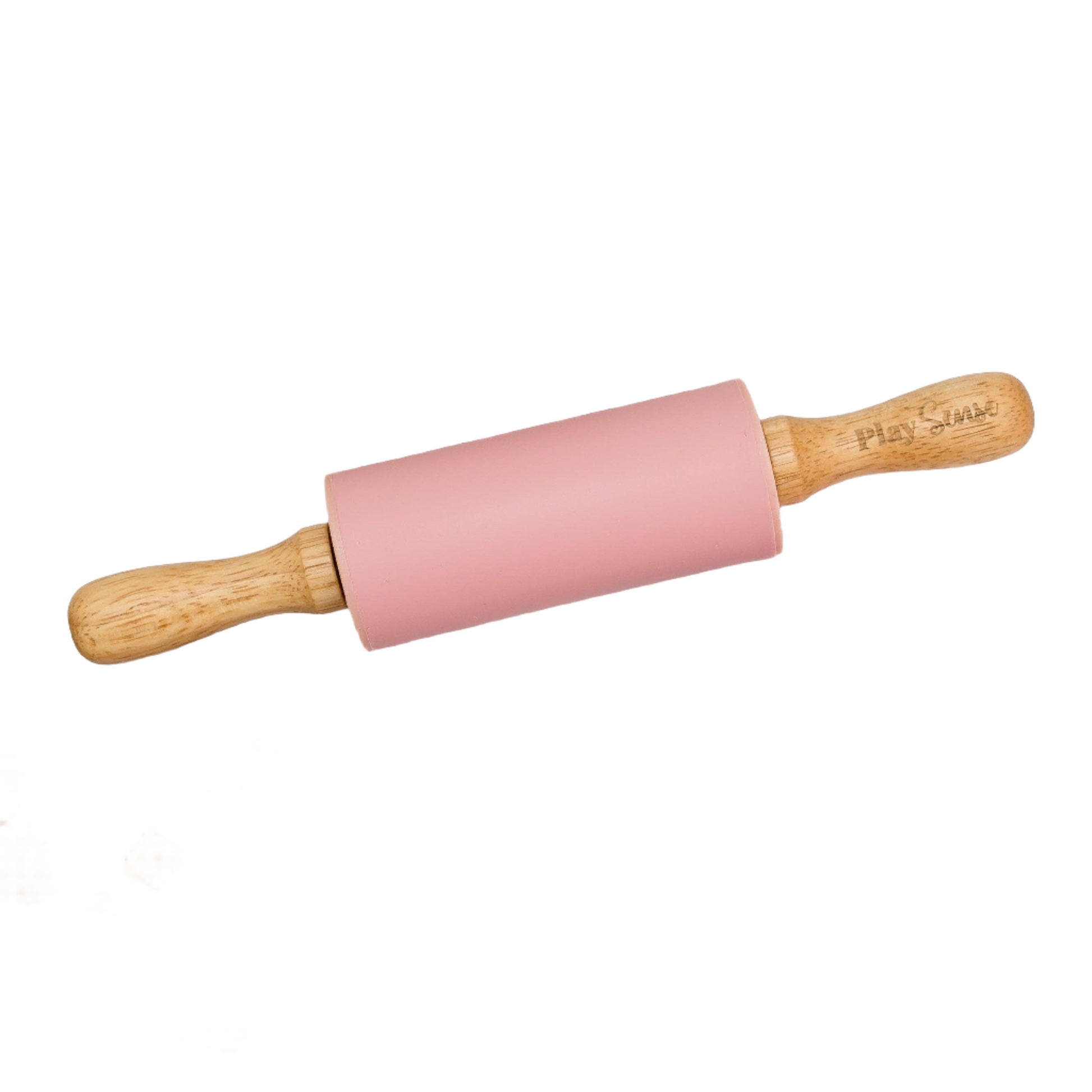 Pastel pink silicone dough roller, wooden handles