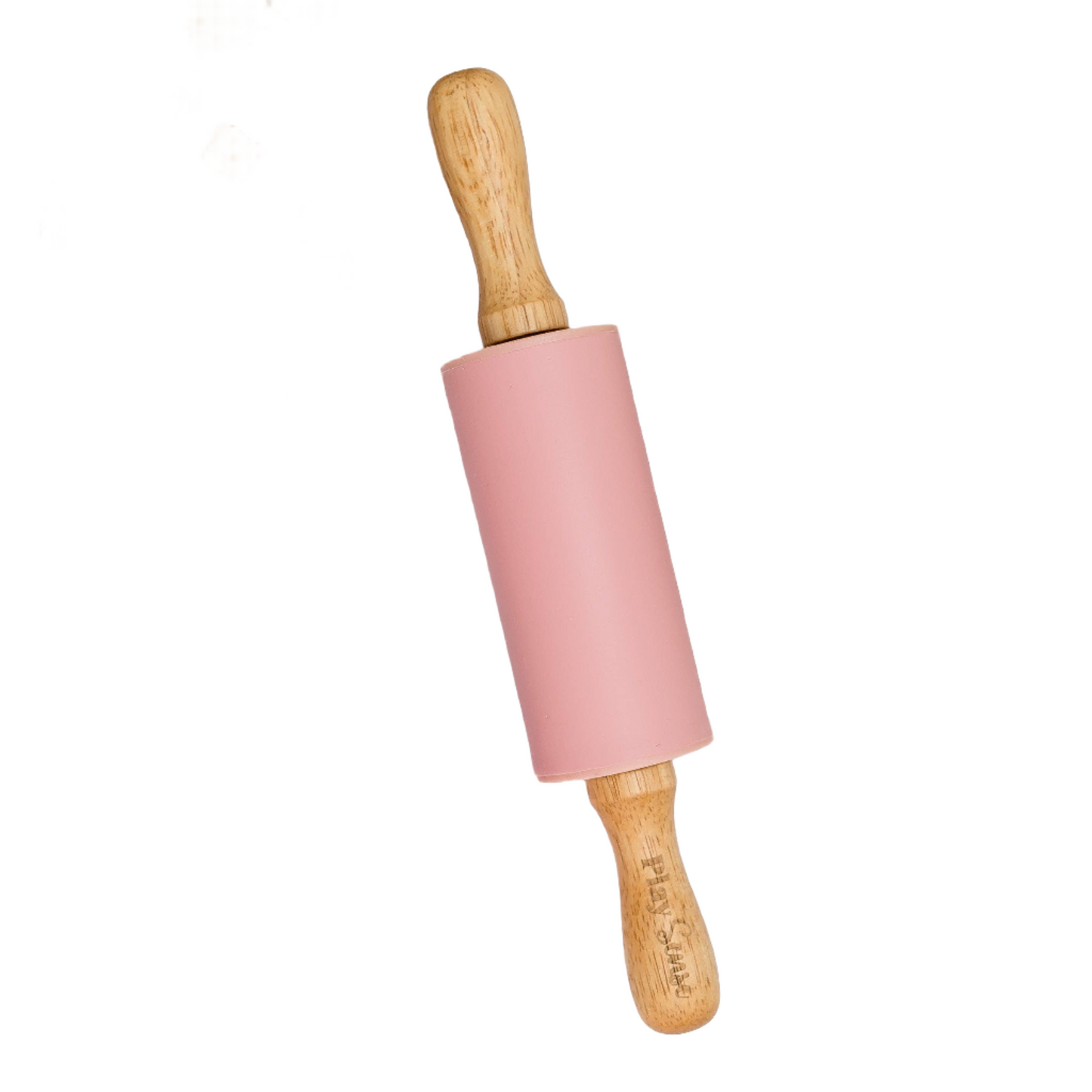 A pink rolling pin with wooden handles, designed for play dough.