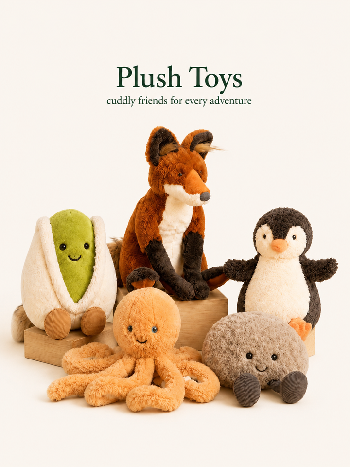Collection of plush toys including a fox, avocado, penguin, and octopus on a white background with text 'Plush Toys: cuddly friends for every adventure'.