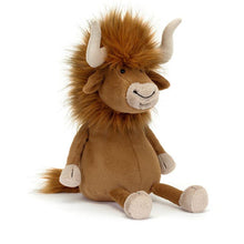 A plush toy depicting a ram with a beige suedette horns, ginger and charcoal mane, a cinnamon tum, and a beige cloven hoof.