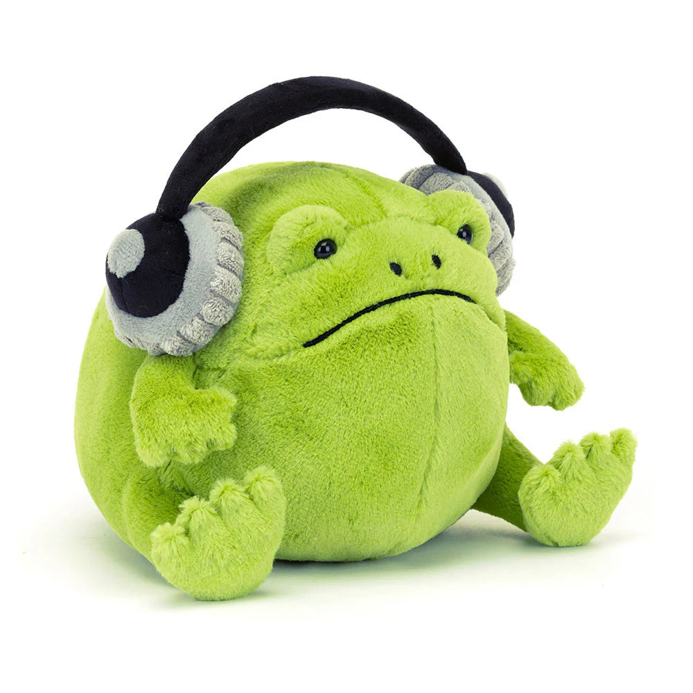 A green frog toy wearing black-and-grey headphones with a stiffened band and black disc details.