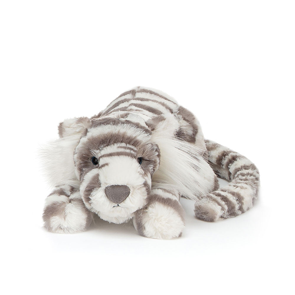 A plush toy resembling a gray tiger with cream-colored stripes, made of soft fabric.