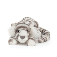 A plush toy resembling a gray tiger with cream-colored stripes, made of soft fabric.
