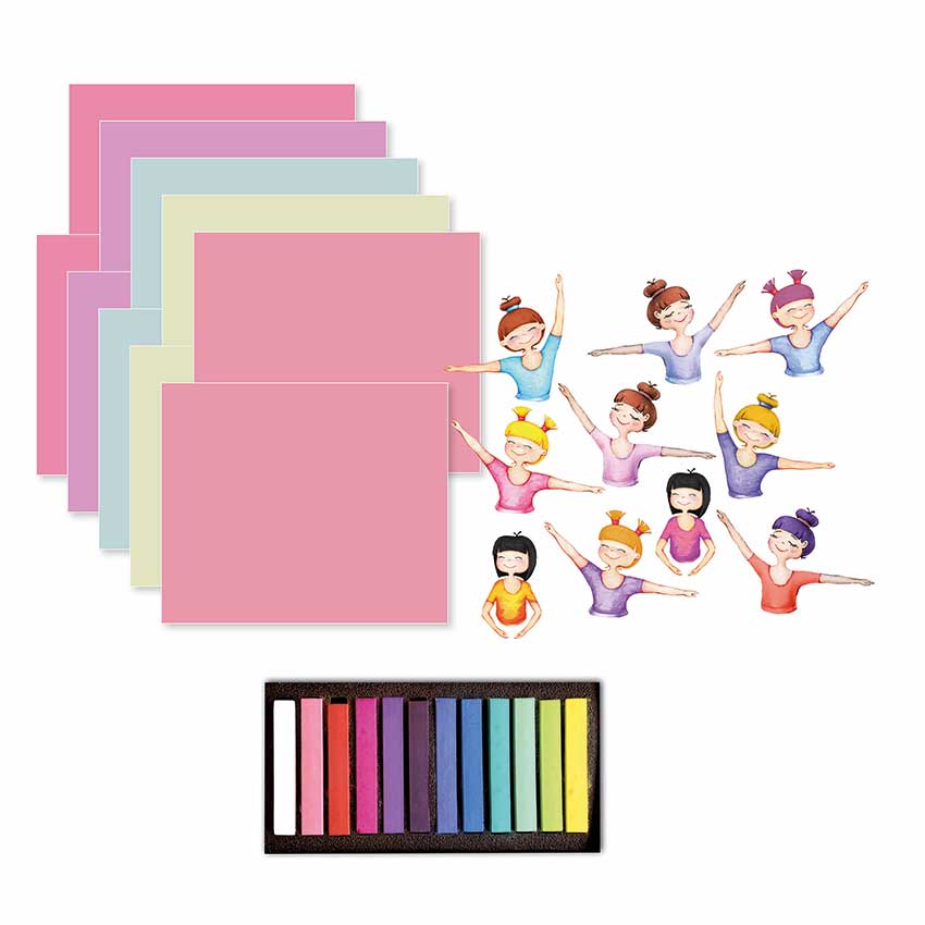 Pastel-coloured art boards, dancer stickers and 12 dry pastels from the Sycomore Artissimo Dancers kit