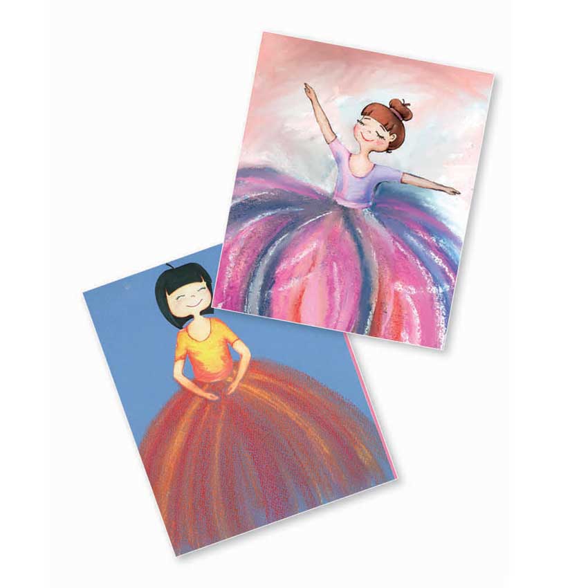 Two finished ballerina pictures with flowing skirts drawn in pink, purple and orange pastels