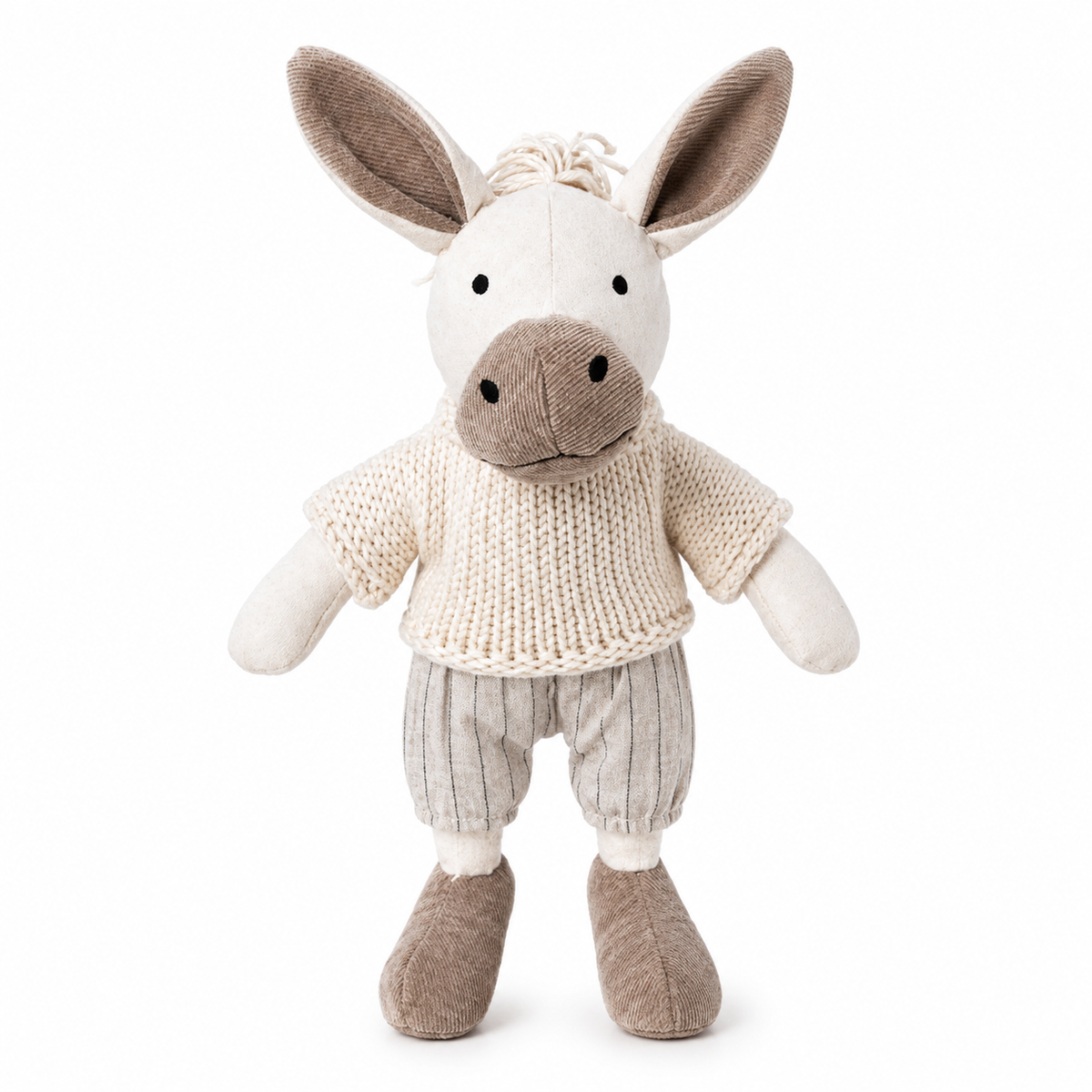 A plush stuffed animal shaped like a donkey, wearing a cream knit short-sleeve top and light gray pinstriped pants, photographed against a plain white background.