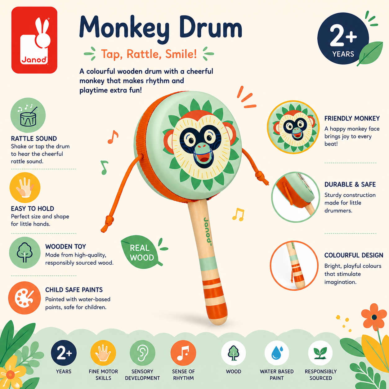 Janod monkey drum with features and benefits on a colorful background