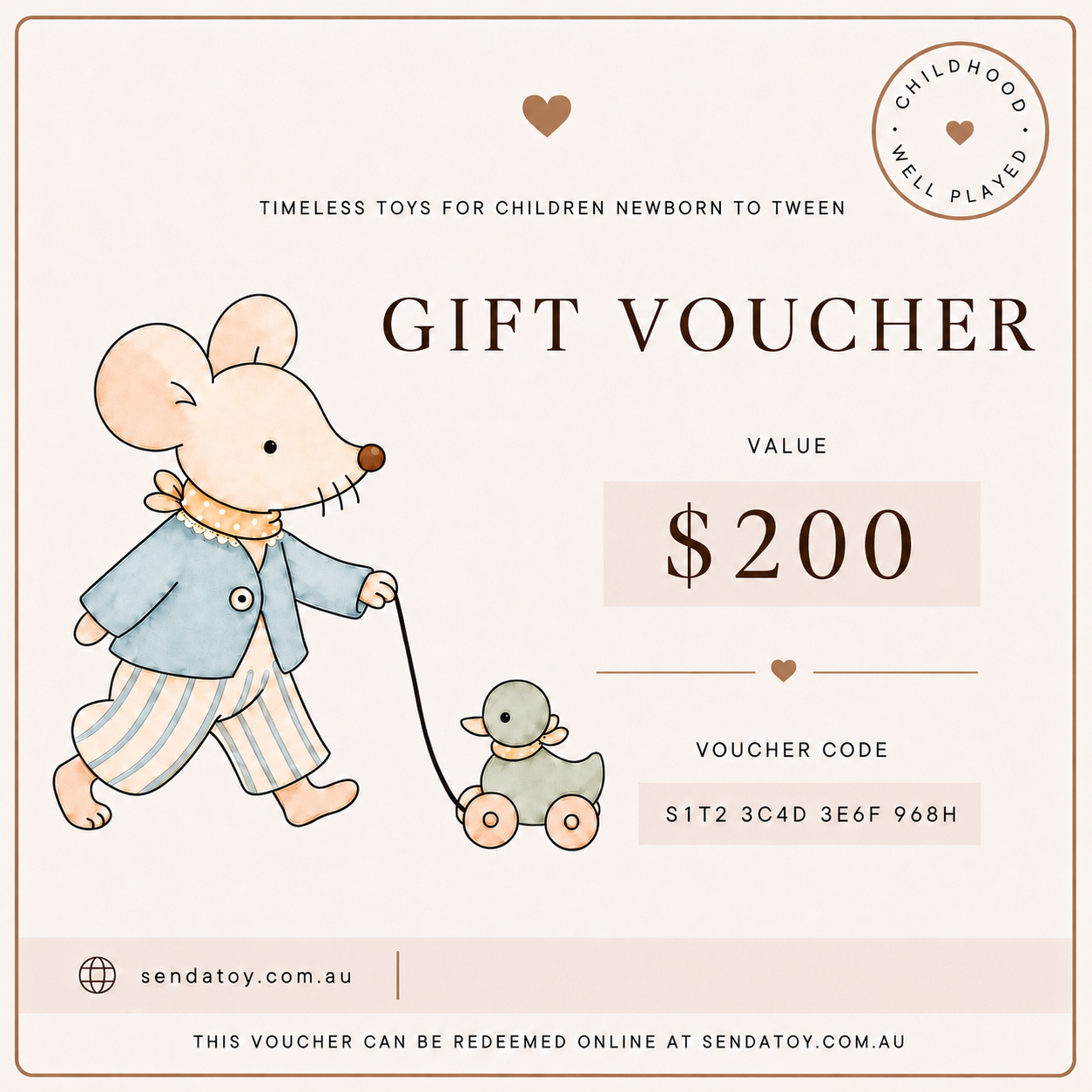 A 200 dollar gift voucher template featuring a cute cartoon mouse in a blue jacket and striped pants pulling a small gray toy cart. The design has a warm cream background with brown text and border details, and includes branding for sendatoy.